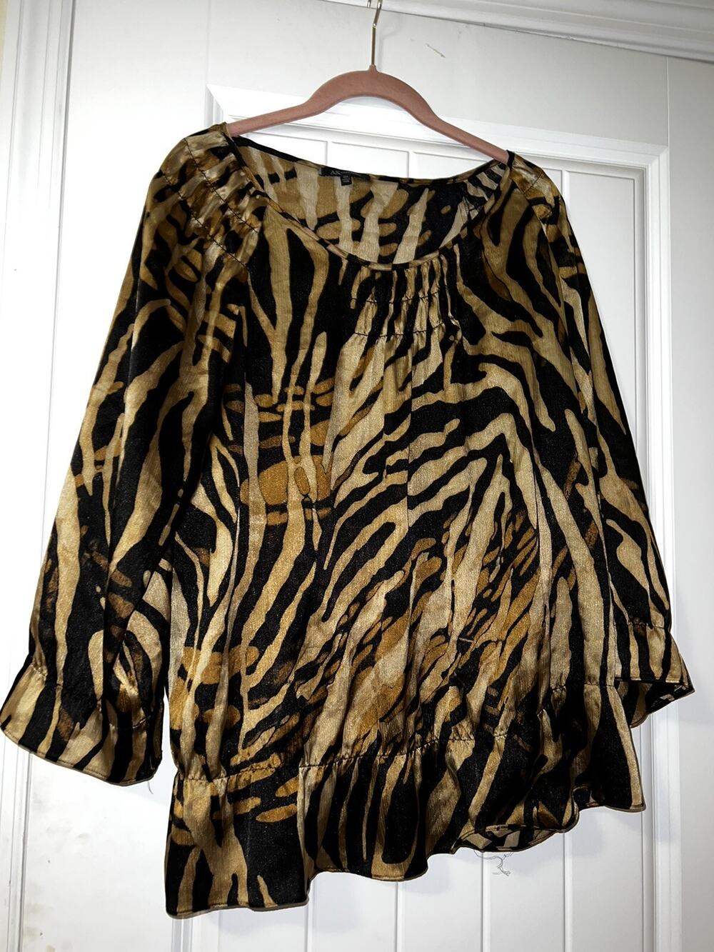 Anne Klein womens brown black 3/4 sleeve animal print blouse 0X plus